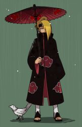 1boy akatsuki_uniform blonde_hair blue_eyes deidara_(naruto) forehead_protector full_body green_background hair_over_one_eye holding holding_umbrella jewelry long_hair long_sleeves looking_at_viewer male_focus naruto_(series) naruto_shippuuden ninja rain ring shadow simple_background solo standing umbrella yosakuh