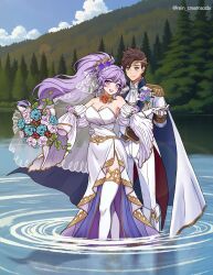 1boy 1girl absurdres bouquet breasts brown_eyes brown_hair cleavage commission detached_sleeves dress fire_emblem fire_emblem:_genealogy_of_the_holy_war fire_emblem_heroes flower hair_flower hair_ornament highres holding holding_bouquet ishtar_(bride)_(fire_emblem) ishtar_(fire_emblem) kiran_(fire_emblem) large_breasts long_hair male_kiran_(fire_emblem) nintendo official_alternate_costume open_mouth ponytail purple_eyes purple_hair rein_creamsoda smile thighhighs very_long_hair wedding_dress