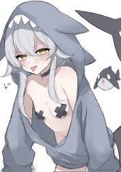 animal_hood black_pasties character_request choker cross cross_pasties fang fins fish_tail grey_hair highres hood jacket long_hair looking_at_viewer nemuri_fuka partially_open_jacket pasties shark shark_hood shark_tail simple_background solo tagme tail tongue tongue_out vrchat yellow_eyes