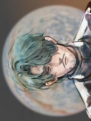 1boy beard_stubble challia_bull facial_hair green_eyes green_hair guii43210 gundam gundam_gquuuuuux hair_over_one_eye highres male_focus mustache planet portrait short_hair sideways solo straight-on stubble
