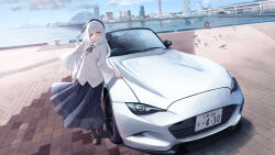 1girl absurdres bird black_ribbon black_skirt blue_sky boots brick_floor brown_boots building car character_request city cloud commission convertible copyright_request day green_eyes highres knee_boots license_plate long_hair long_skirt motor_vehicle neck_ribbon outdoors plaid_clothes plaid_skirt png_pant_(bus) ribbon river shadow shirt skeb_commission skirt sky skyscraper solo sports_car standing vehicle_request white_car white_hair white_shirt