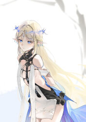 1girl absurdres arms_behind_back bare_shoulders black_collar black_dress blonde_hair blue_eyes breasts cartethyia_(wuthering_waves) closed_mouth collar commentary crown_of_thorns dress earrings highres jewelry leaning_forward leo795 long_hair looking_at_viewer necklace parted_bangs pointy_ears sidelocks small_breasts solo tabard tacet_mark_(wuthering_waves) thighs very_long_hair white_tabard wuthering_waves