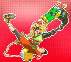 1girl 3d_rod! arms_(game) beanie blonde_hair dragon_(arms) eye_mask green_eyes green_shoes hat kicking leggings_under_shorts megawatt_(arms) min_min_(arms) open_mouth orange_shorts shoes short_hair shorts solo stretched_limb