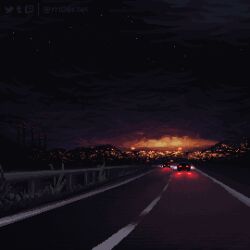 animated animated_gif artist_name black_sky car cloud cloudy_sky lamppost looping_animation moertel motor_vehicle mountainous_horizon night night_sky no_humans original outdoors pixel_art railing road scenery sky star_(sky) starry_sky street