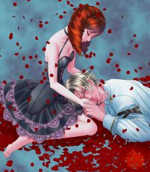 1boy 1girl absurdres amy_sorel bandai_namco bare_shoulders barefoot belt belt_buckle black_dress blonde_hair blue_eyes breasts buckle choker cleavage closed_eyes commentary dress english_commentary father_and_daughter highres holding long_hair long_sleeves looking_at_another lying_on_lap orange_hair petals raphael_sorel sad short_hair soul_calibur soulcalibur soulcalibur_vi xue--xue
