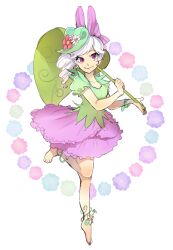 1girl alternate_costume bow character_request daisy_duck disney full_body hair_bow highres humanization leaf_umbrella mickey_mouse_&amp;_friends moov_(mb_52) personification purple_eyes shirt short_hair smile umbrella white_hair