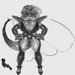 Rule 34 | 1girl, armor, bikini armor, bracelet, breasts, bridal gauntlets, cape, choker, cleavage, earrings, fishnet bridal gauntlets, fishnet thighhighs, fishnets, full-body tattoo, full body, greyscale, hands on own hips, highres, huge breasts, jewelry, keziedra, long eyelashes, looking at viewer, mamba (keziedra), mole, mole on breast, monochrome, original, pauldrons, pointy ears, ringed eyes, short hair, shortstack, shoulder armor, solo, sphere earrings, spiked bracelet, spikes, standing, tail, tattoo, thighhighs, third eye, v-shaped eyebrows