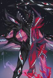 abbadomon abbadomon_core arm_cannon black_background black_skin colored_skin confeito000_333 cowboy_shot digimon digimon_(creature) extra_eyes extra_mouth gradient_background highres multicolored_skin red_eyes red_skin sharp_teeth teeth two-tone_skin weapon
