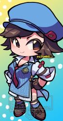 Rule 34 | 1girl, bike shorts, blue hat, blue socks, blue sweater, breasts, brown eyes, brown gloves, brown hair, brown shoes, chibi, chibi only, cleavage, closed mouth, collarbone, deformed, dot nose, full body, gloves, gradient background, hat, highres, kazama asuka, kotorai, looking at viewer, necktie, red necktie, shirt, shoes, short hair, socks, solo, sweater, tekken, tekken 8, white shirt
