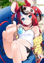 1girl animal_ear_fluff animal_ears bare_shoulders barefoot bendy_straw black_hair black_shorts blue_eyes blush breasts camisole collarbone commentary couch cup dolphin_shorts drink drinking_glass drinking_straw hair_between_eyes hakos_baelz highres holding holding_cup hololive hololive_english ice ice_cube indoors jacket kutata long_hair looking_at_viewer lying mask mask_on_head medium_breasts mouse_ears mouse_girl mouse_tail multicolored_hair off_shoulder on_back on_couch open_clothes open_jacket pillow red_hair short_shorts shorts sleep_mask solo streaked_hair tail two_side_up very_long_hair virtual_youtuber white_camisole white_hair window yellow_jacket