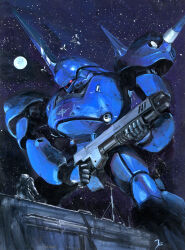 Rule 34 | 1other, ambiguous gender, astronaut, commentary, finger on trigger, full moon, gun, gundam, gundam 0080, highres, holding, holding gun, holding weapon, horns, kampfer (mobile suit), legs apart, mecha, mecha focus, mobile suit, moon, one-eyed, red eyes, robot, science fiction, shotgun, shoulder spikes, single horn, space, spikes, star (sky), weapon, youkoumori, zeon