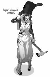 1girl absurdres axe bag bearskin_cap belt blood blood_from_mouth blood_on_axe blood_on_clothes blood_on_face blood_on_shoes bloody_tears bomb buttons check_translation chest_belt commentary double-breasted epaulettes explosive french_army french_text full_body gaiters gloves guts_&amp;_blackpowder hair_bun hat highres holding holding_axe long_skirt long_sleeves military_hat military_uniform mixed-language_commentary monochrome roblox salute satchel semi-rimless_eyewear shadow short_hair sidelocks simple_background skirt smile sweat torn_clothes torn_hat translation_request velkavelkavelka