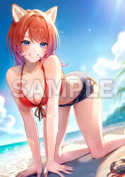 1girl all_fours animal_ears atelier_(series) atelier_resleriana atelier_resleriana:_the_red_alchemist_&amp;_the_white_guardian beach blue_sky blush breasts cat_ears cat_girl cleavage cloud gradient_hair looking_at_viewer midriff multicolored_hair ocean official_art purple_eyes red_hair rias_eidreise sample_watermark short_shorts shorts sky smile watermark wet