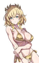 1girl absurdres aglaea_(honkai:_star_rail) arm_under_breasts bikini blonde_hair breasts cleavage commentary cowboy_shot flower gold_bikini green_eyes hair_flower hair_ornament highres honkai:_star_rail honkai_(series) large_breasts laurel_crown looking_at_viewer short_hair side-tie_bikini_bottom solo stomach sweatdrop swimsuit thighs usa_bunny white_background