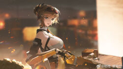 Rule 34 | 1girl, :d, bare shoulders, blue eyes, blurry, blurry background, breasts, bridget: ardeo (pgr), bridget (pgr), brown hair, collared leotard, eyewear on head, from side, hair bun, highres, large breasts, leotard, light particles, looking at viewer, mechanical arms, necktie, night, night sky, official art, open mouth, orange necktie, punishing: gray raven, short hair, sideboob, sky, smile, solo, sunglasses, upper body, watermark, weibo watermark, white leotard, xtears kitsune