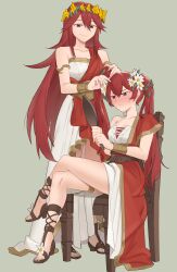 2girls adjusting_hair alternate_costume anklet bare_shoulders belt blush bracelet breasts brown_belt chair cleavage closed_mouth collarbone commentary commission cordelia_(fire_emblem) crossed_legs dress ebinku english_commentary fire_emblem fire_emblem_awakening fire_emblem_heroes flower gladiator_sandals hair_between_eyes hair_flower hair_ornament hand_in_another&#039;s_hair hands_in_hair head_wreath highres holding holding_another&#039;s_hair holding_mirror jewelry julie_ann_taylor legs long_hair medium_breasts mirror mother_and_daughter multiple_girls nintendo red_eyes red_hair sandals severa_(fire_emblem) sitting sleeveless smile strappy_heels toes twintails tying_hair very_long_hair voice_actor_connection white_dress white_flower yellow_flower