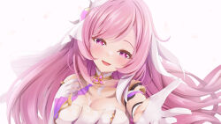 1girl breasts cleavage commentary_request corset diamond-shaped_pupils diamond_(shape) elysia_(herrscher_of_human:_ego)_(honkai_impact) elysia_(honkai_impact) gloves highres honkai_(series) honkai_impact_3rd large_breasts long_hair looking_at_viewer pink_hair purple_eyes pxz_(ansony9898) reaching reaching_towards_viewer simple_background smile solo symbol-shaped_pupils triqaz_(fortis) upper_body veil very_long_hair white_background white_corset white_gloves white_veil
