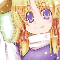 Rule 34 | 1girl, 2000s (style), blonde hair, blush, closed mouth, commentary request, green background, hair ribbon, long hair, looking at viewer, lowres, mei (artist), moriya suwako, purple eyes, purple vest, red ribbon, ribbon, shirt, smile, solo, touhou, upper body, vest, white shirt