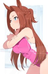 1girl absurdres against_glass alternate_costume animal_ears blue_eyes border braid breasts brown_hair commentary cowboy_shot hair_intakes half_up_braid highres horse_ears horse_girl horse_tail kawakami_princess_(umamusume) large_breasts long_hair looking_to_the_side nerukichikatafukuma one-piece_swimsuit outside_border pink_one-piece_swimsuit solo split_ponytail swimsuit tail umamusume white_border