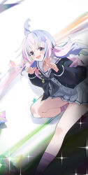 1girl absurdres ahoge black_jacket black_neckerchief blue_archive blue_eyes grey_shirt grey_skirt hayate_(1034853996) highres jacket looking_at_viewer multicolored_hair neckerchief open_mouth pink_hair pink_socks pleated_skirt purple_hair reisa_(blue_archive) sailor_collar shadow shirt skirt socks solo sparkle twintails white_background white_sailor_collar
