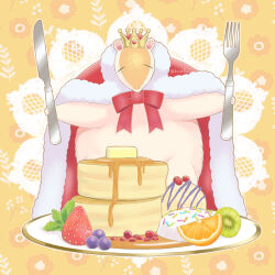 armadillo artist_name blueberry bow butter cape crown food fork fruit highres holding holding_fork holding_knife john_(kyuuketsuki_sugu_shinu) kiwi_(fruit) knife ksnfu kyuuketsuki_sugu_shinu orange_(fruit) orange_slice pancake red_bow red_cape solo strawberry yellow_background