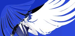 Rule 34 | 1other, blue background, blue eyes, blue hair, blue nails, collared shirt, colored skin, covering own mouth, floating hair, formal clothes, gem uniform (houseki no kuni), highres, houseki no kuni, lapis lazuli (houseki no kuni), long hair, mt5 014, necktie, other focus, puffy short sleeves, puffy sleeves, shadow, shirt, short sleeves, simple background, solo, suit, upper body, very long hair, white skin