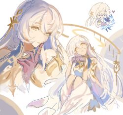 1girl barbatos_(genshin_impact) bare_shoulders braid chibi cloak colored_extremities detached_sleeves detached_wings dress genshin_impact gold hair_between_eyes heart hood hooded_cloak hug istaroth_(genshin_impact) long_hair looking_at_viewer multiple_views nessaturn purple_hands simple_background sketch smile spirit star_(symbol) venti_(genshin_impact) very_long_hair white_background white_dress white_hair wings yellow_eyes