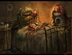 2girls bed bug eyeball fly green_hair hair_over_eyes heart heart_of_string heterochromia hospital_bed bug intravenous_drip komeiji_koishi komeiji_satori koto_inari long_sleeves messy_hair multiple_girls open_mouth pink_hair siblings sisters smile sparkle third_eye touhou