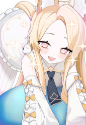 1girl animal_ears bird blonde_hair blue_archive extra_ears forehead fox_ears fox_girl gradient_eyes highres looking_at_viewer multicolored_eyes ran_(bearsoymilk) seia_(blue_archive) smile solo tit_(bird)