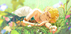 1girl armlet bare_shoulders blonde_hair blurry blurry_foreground bracelet braid circlet closed_eyes closed_mouth crown_braid day dress flower green_dress highres jewelry lying magatama magatama_necklace necklace nintendo on_grass on_side outdoors pink_flower pointy_ears princess_zelda secret_stone short_hair sleeping solo sophie_(693432) strapless strapless_dress teardrop_facial_mark the_legend_of_zelda the_legend_of_zelda:_tears_of_the_kingdom two-tone_dress white_dress yellow_flower