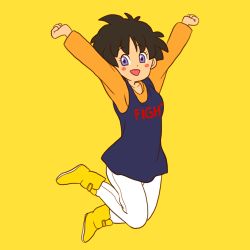 Rule 34 | 1girl, :d, ankle boots, arms up, black hair, blue eyes, blush, blush stickers, boots, clenched hands, dragon ball, dragonball z, female focus, full body, jumping, long sleeves, looking at viewer, lowres, mushroomcatnumberplate, open mouth, pants, short hair, simple background, smile, solo, videl, yellow background, yellow boots