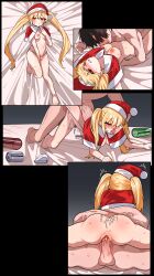 1boy 1girl absurdres all_fours artist_request ass baseball_club_mob_(draco) blonde_hair blush breasts capelet commission doggystyle erection finger_in_another&#039;s_mouth girl_on_top hat hetero highres long_hair lying medium_breasts nipples on_back one_eye_closed original panties penis red_capelet red_eyes red_hat santa_hat second-party_source sex sex_from_behind striped_clothes striped_panties uncensored underwear vaginal very_long_hair