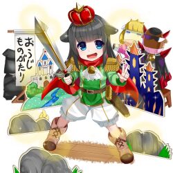 1girl black_hair blue_eyes boots brown_boots cow_girl cow_horns crown epaulettes green_shirt holding holding_sword holding_weapon horns kusaka_souji long_hair mini_crown miru_holstein open_mouth shirt shorts sword uchi_no_hime-sama_ga_ichiban_kawaii weapon white_shorts