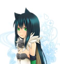 1girl alchemist_(ragnarok_online) animal_ears blue_hair blush breasts brown_cape cape cat_ears cat_girl cleavage closed_mouth commentary_request detached_sleeves dress floral_background fur_collar green_eyes green_sleeves long_hair looking_at_viewer meiko_(nattu303) ragnarok_online small_breasts smile solo strapless strapless_dress upper_body white_background white_dress