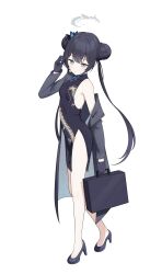 1girl :| absurdres bare_legs black_dress black_gloves black_hair black_shoes blue_archive breasts briefcase bun_with_braided_base butterfly_hair_ornament china_dress chinese_clothes chinese_commentary closed_mouth coat commentary_request double_bun dragon_print dress empty_eyes full_body gloves grey_coat grey_eyes grey_halo hair_bun hair_ornament halo hand_up high_heels highres holding holding_briefcase kisaki_(blue_archive) long_hair looking_at_viewer pelvic_curtain pinstripe_coat shoes sideboob single_bare_shoulder single_off_shoulder small_breasts solo twintails very_long_hair white_background xiangmaofaqijuedou