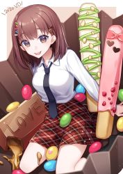 1girl :p black_necktie black_socks bob_cut brown_eyes brown_hair chocolate closed_mouth dated food hair_ornament hairclip heart heart_in_eye in_food konogi_nogi looking_at_viewer medium_hair miniskirt necktie original pleated_skirt red_skirt shirt sitting skirt smile socks solo symbol_in_eye tongue tongue_out valentine wariza white_shirt