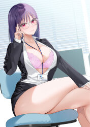 1girl bekotarou black_jacket black_skirt blush bra breasts chair collared_shirt crossed_legs formal_clothes glasses highres id_card indoors jacket large_breasts long_sleeves looking_at_viewer medium_hair mole mole_under_eye monitor office office_chair office_lady open_clothes open_shirt original pencil_skirt pink_bra purple_hair red_eyes shirt sitting skirt skirt_suit smile solo suit swivel_chair underwear white_shirt