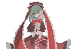 Rule 34 | 1girl, a umanee, dress, front ponytail, green eyes, green hair, hair ribbon, highres, kagiyama hina, long hair, looking at viewer, red dress, red ribbon, ribbon, short sleeves, straight-on, touhou