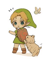 1boy animal ayu_(mog) belt blonde_hair blush boots brown_belt brown_footwear chibi dog dot_nose full_body green_headwear green_tunic link male_focus navi nintendo open_mouth pointy_ears scottish_terrier shield shield_on_back short_hair signature sword the_legend_of_zelda the_legend_of_zelda:_ocarina_of_time tunic weapon weapon_on_back white_background wooden_shield young_link