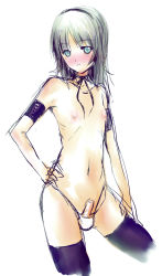 1boy androgynous armlet black_thighhighs blue_eyes blush bulge choker crossdressing grey_hair hand_on_own_hip highres jewelry long_hair looking_at_viewer male_focus navel nipples panties papertiger penis penis_in_panties simple_background sketch solo thighhighs thong trap underwear white_background