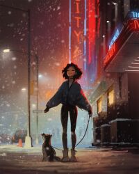 Rule 34 | 1girl, 1other, akita inu, black leggings, blue jacket, boots, brown hair, car, closed eyes, collar, dog, entrance, full body, grin, highres, holding, holding leash, jacket, lamppost, leash, leggings, medium hair, motor vehicle, neon lights, original, outstretched arms, sam yang, shirt, sidewalk, smile, snow, snowing, teeth, tongue, tongue out, traffic cone, upper teeth only, white boots, white shirt