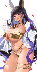 1girl absurdres alternate_costume animal_ears arm_behind_head azur_lane bare_shoulders bikini bikini_tan black_choker black_hair blunt_bangs blush breasts choker cleopatra_(azur_lane) cleopatra_(stars_and_roses)_(azur_lane) cowboy_shot dark-skinned_female dark_skin earrings gem gold_armlet gold_bikini gold_thighlet head_chain highleg highleg_bikini highres huge_breasts jackal_ears jackal_girl jewelry long_hair looking_at_viewer multicolored_hair navel off_shoulder open_mouth pendant_choker petals purple_eyes purple_gemstone purple_streaks rose_petals sayan see-through_clothes see-through_shirt shirt skindentation smile solo star-shaped_pupils star_(symbol) strapless strapless_bikini streaked_hair swimsuit symbol-shaped_pupils tan tanline thighlet thighs underboob very_long_hair white_shirt yellow_pupils