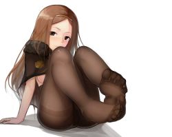 1girl arm_support brown_hair chacha_(fate) fate/grand_order fate_(series) feet female_focus looking_at_viewer magic_xiang no_bra pantyhose solo