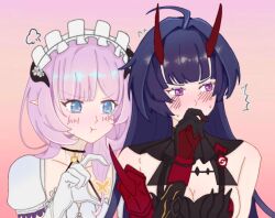2girls autsmmowang black_dress black_gloves blue_eyes blush breasts chinese_commentary cleavage commentary_request dress elf elysia_(honkai_impact) elysia_(miss_pink)_(honkai_impact) elysia_(miss_pink_elf)_(honkai_impact) gloves half-heart_hands honkai_(series) honkai_impact_3rd horns large_breasts long_hair looking_to_the_side maid maid_headdress multiple_girls official_alternate_costume pink_background pink_hair pointy_ears pout puffy_short_sleeves puffy_sleeves purple_eyes purple_hair raiden_mei raiden_mei_(herrscher_of_thunder) red_horns short_sleeves upper_body very_long_hair white_gloves yuri