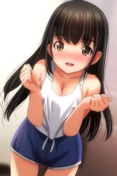 1girl :d absurdres bare_arms bare_shoulders black_hair blue_shorts blush breasts brown_eyes cleavage commentary_request hands_up highres long_hair looking_at_viewer matsunaga_kouyou medium_breasts nose_blush open_mouth original shirt short_shorts shorts sleeveless sleeveless_shirt smile solo tank_top teeth upper_teeth_only white_shirt