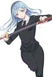 1girl absurdres bad_id bad_pixiv_id black_jacket black_necktie black_pants blue_eyes blue_hair breasts collared_shirt floating_hair formal_clothes highres holding holding_sheath holding_sword holding_weapon jacket jujutsu_kaisen leg_up long_hair long_sleeves miwa_kasumi necktie open_mouth oshage_(osyage921) pant_suit pants sheath shirt simple_background small_breasts solo suit sword thigh_gap unsheathing very_long_hair weapon white_background white_shirt wing_collar