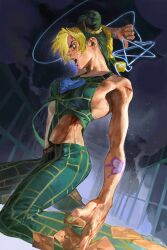 Rule 34 | 1girl, arm tattoo, arm up, birthmark, blonde hair, blood, blood on face, blood on hands, braid, braided bun, braided ponytail, breasts, butterfly tattoo, cuts, double bun, fence, green eyes, green hair, green lips, green nails, green pants, hair bun, halterneck, hand up, heart ornament, highres, injury, joestar birthmark, jojo no kimyou na bouken, kneeling, kuujou jolyne, midriff, multicolored hair, non-web source, official art, open mouth, pants, path to nowhere, small breasts, solo, spider web print, star (symbol), stone ocean, string, tattoo, toned, tudou estor, two-tone hair