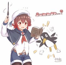 1girl artist_logo beret bird black_capelet black_pantyhose blue_shorts book capelet collared_shirt commentary_request denim denim_shorts dress_shirt failure_penguin hat highres kantai_collection logo mutsuki_(kancolle) neckerchief pantyhose pantyhose_under_shorts penguin red_neckerchief shirt shorts simple_background wand white_background white_hat white_shirt zanne