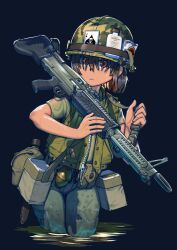 Rule 34 | 1girl, ace (playing card), alice gear, ammunition box, ammunition pouch, belt, black hair, body armor, brown eyes, bullet, camouflage, camouflage headwear, canteen, card, cigarette pack, closed mouth, combat helmet, commentary, commission, erica (naze1940), flak jacket, green shirt, gun, gun sling, hair over eyes, hat, helmet, highres, holding, holding gun, holding weapon, jacket, load bearing equipment, m1 helmet, m60 (machine gun), machine gun, military, military combat uniform, military uniform, open clothes, open vest, original, pants, partially submerged, playing card, pocket, pouch, shirt, simple background, skull and crossbones, soldier, solo, united states army, utility belt, vest, vietnam war, weapon, wet, wet clothes, wet face, wet pants