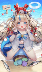 Rule 34 | 1girl, :d, absurdres, ahoge, animal ear fluff, animal ears, beach, bikini, blonde hair, blue bikini, blue eyes, blue hair, blue nails, blue sailor collar, cat ears, commentary, crab, crab on head, day, double v, double w, english commentary, fins, fish, fish girl, fish tail, fishing net, frilled shirt, frilled shirt collar, frills, full body, gainoob, halterneck, hands up, highres, indie virtual youtuber, lifebuoy hair ornament, long hair, looking at viewer, low twintails, multicolored hair, nail polish, navel, ocean, one side up, open mouth, outdoors, partially unbuttoned, sailor collar, sameko saba, sameko saba (fish), seashell, shell, shirt, short shorts, shorts, sitting, sky, sleeveless, sleeveless shirt, smile, solo, streaked hair, striped bikini, striped clothes, swimsuit, tail, twintails, v, very long hair, virtual youtuber, w, water, white shirt, white shorts